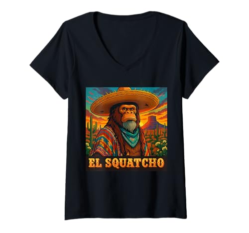 Damen Lustiger mexikanischer Bigfoot EL Squatcho Southwest Sasquatch T-Shirt mit V-Ausschnitt von Funny Bigfoot Enthusiast Sasquatch Lovers Believer