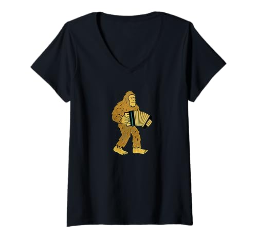 Damen Bigfoot Akkordeon-Instrumentenband – Sasquatch T-Shirt mit V-Ausschnitt von Funny Bigfoot Graphic Apparel Men Women Kids by RJ