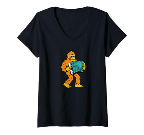 Damen Bigfoot Akkordeon-Instrumentenband – Sasquatch T-Shirt mit V-Ausschnitt von Funny Bigfoot Graphic Apparel Men Women Kids by RJ