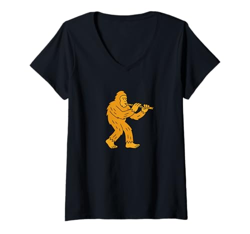 Damen Bigfoot Flöten-Instrumentenband – Sasquatch T-Shirt mit V-Ausschnitt von Funny Bigfoot Graphic Apparel Men Women Kids by RJ