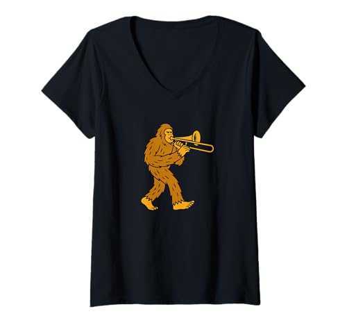 Damen Bigfoot Instrumentenband für Posaune, Sasquatch T-Shirt mit V-Ausschnitt von Funny Bigfoot Graphic Apparel Men Women Kids by RJ