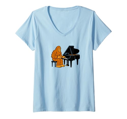 Damen Bigfoot Pianio Pianist Instrument Band – Sasquatch T-Shirt mit V-Ausschnitt von Funny Bigfoot Graphic Apparel Men Women Kids by RJ