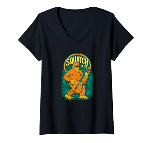Damen Bigfoot Sasquatch Cello Squatch Club Band T-Shirt mit V-Ausschnitt von Funny Bigfoot Graphic Apparel Men Women Kids by RJ