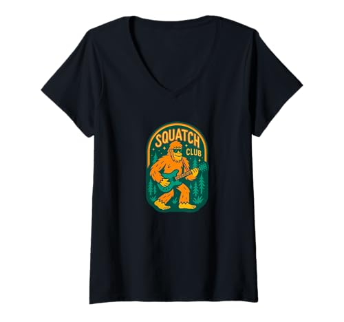 Damen Bigfoot Sasquatch E-Gitarre Squatch Club Band T-Shirt mit V-Ausschnitt von Funny Bigfoot Graphic Apparel Men Women Kids by RJ