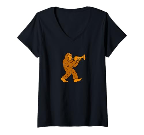 Damen Bigfoot Sasquatch Instrumentenband für Trompete T-Shirt mit V-Ausschnitt von Funny Bigfoot Graphic Apparel Men Women Kids by RJ