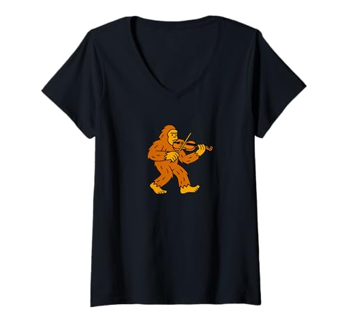 Damen Bigfoot Sasquatch Violinenband T-Shirt mit V-Ausschnitt von Funny Bigfoot Graphic Apparel Men Women Kids by RJ