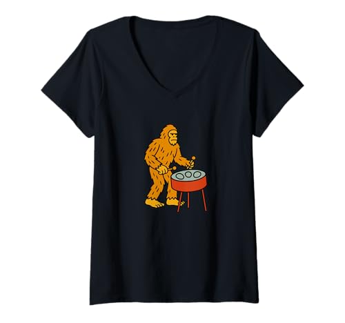 Damen Bigfoot Schlagzeug-Instrumentenband aus Stahl – Sasquatch T-Shirt mit V-Ausschnitt von Funny Bigfoot Graphic Apparel Men Women Kids by RJ