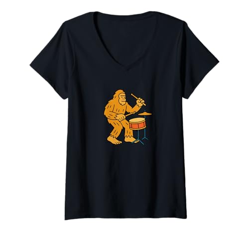 Damen Bigfoot Schlagzeug-Schlagzeug-Band – Sasquatch T-Shirt mit V-Ausschnitt von Funny Bigfoot Graphic Apparel Men Women Kids by RJ