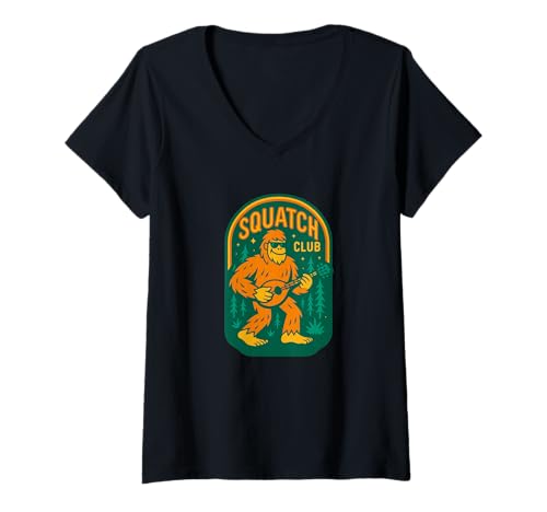 Damen Bigfoot Spielband Mandoline Squatch Club – Sasquatch T-Shirt mit V-Ausschnitt von Funny Bigfoot Graphic Apparel Men Women Kids by RJ