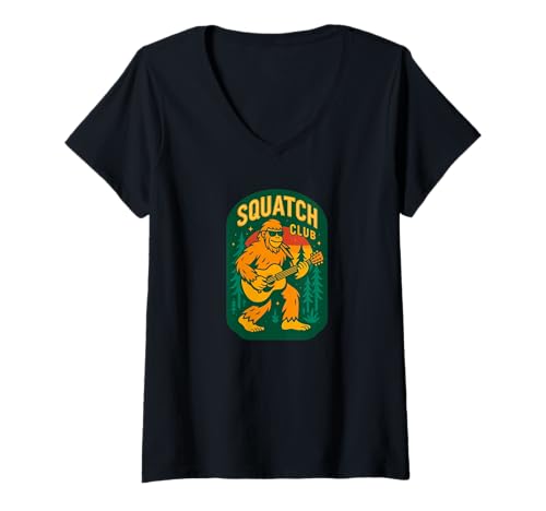 Damen Bigfoot Spielende Akustikgitarre Squatch Club Band Sasquatch T-Shirt mit V-Ausschnitt von Funny Bigfoot Graphic Apparel Men Women Kids by RJ