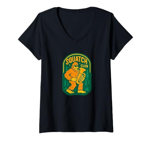 Damen Bigfoot Spielende Euphonium Squatch Club Band – Sasquatch T-Shirt mit V-Ausschnitt von Funny Bigfoot Graphic Apparel Men Women Kids by RJ