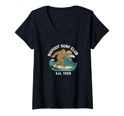 Damen Bigfoot Surf Club Est 1958 Surfer Ocean - Sasquatch T-Shirt mit V-Ausschnitt von Funny Bigfoot Graphic Apparel Men Women Kids by RJ