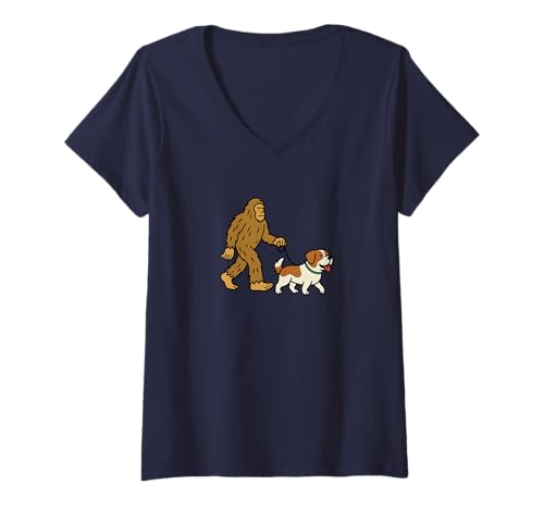 Damen Bigfoot Walking Bernhardiner Hund Dad Mom – Sasquatch T-Shirt mit V-Ausschnitt von Funny Bigfoot Graphic Apparel Men Women Kids by RJ