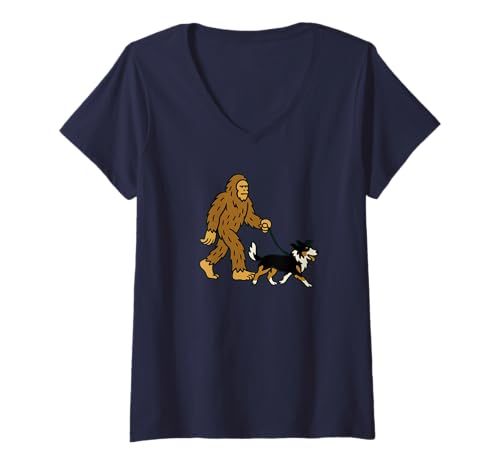 Damen Bigfoot Walking Border Collie Dog Dad Mom – Sasquatch T-Shirt mit V-Ausschnitt von Funny Bigfoot Graphic Apparel Men Women Kids by RJ