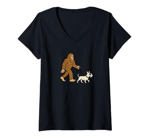 Damen Bigfoot Walking Bulldog Terrier, Hund, Papa, Mama, Sasquatch T-Shirt mit V-Ausschnitt von Funny Bigfoot Graphic Apparel Men Women Kids by RJ