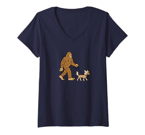 Damen Bigfoot Walking Chinesischer Schopfhund Papa Mama – Sasquatch T-Shirt mit V-Ausschnitt von Funny Bigfoot Graphic Apparel Men Women Kids by RJ