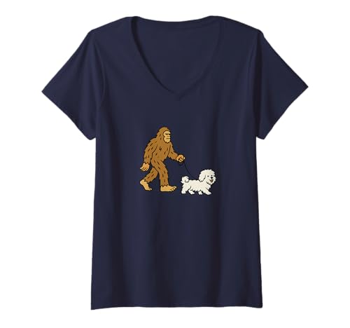 Damen Bigfoot Walking Coton De Tulear Hund Papa Mama - Sasquatch T-Shirt mit V-Ausschnitt von Funny Bigfoot Graphic Apparel Men Women Kids by RJ