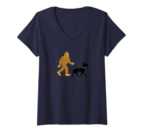 Damen Bigfoot Walking Deutsche Dogge Hund Dad Mom – Sasquatch T-Shirt mit V-Ausschnitt von Funny Bigfoot Graphic Apparel Men Women Kids by RJ