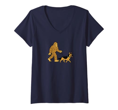 Damen Bigfoot Walking Deutscher Schäferhund GSD Hund Dad Mom - Sasquatch T-Shirt mit V-Ausschnitt von Funny Bigfoot Graphic Apparel Men Women Kids by RJ