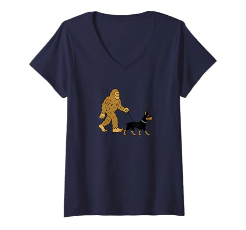 Damen Bigfoot Walking Dobermann Hund Papa Mama - Sasquatch T-Shirt mit V-Ausschnitt von Funny Bigfoot Graphic Apparel Men Women Kids by RJ