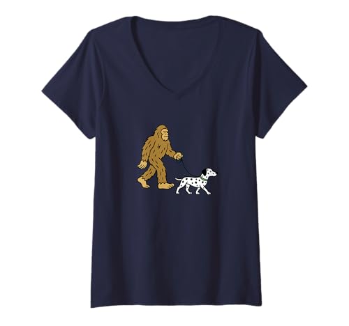 Damen Bigfoot Walking Dog Papa Mama - Sasquatch T-Shirt mit V-Ausschnitt von Funny Bigfoot Graphic Apparel Men Women Kids by RJ