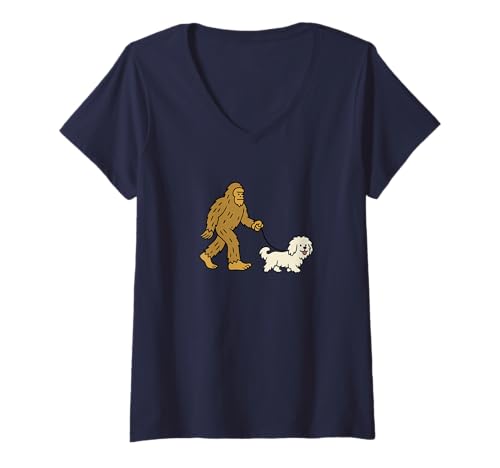 Damen Bigfoot Walking Havaneser Malteser Hund Dad Mom - Sasquatch T-Shirt mit V-Ausschnitt von Funny Bigfoot Graphic Apparel Men Women Kids by RJ