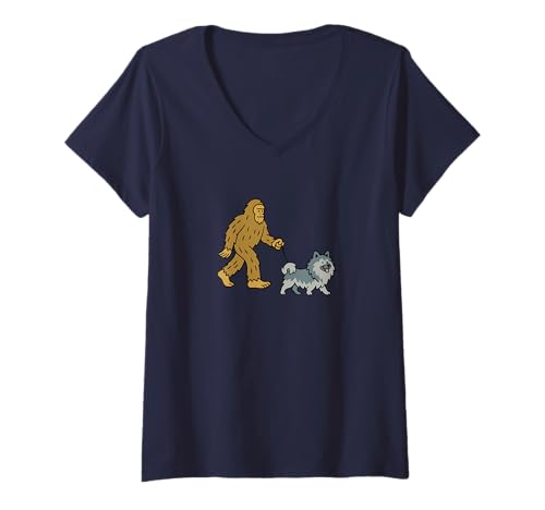 Damen Bigfoot Walking Keeshond Hund Papa Mama - Sasquatch T-Shirt mit V-Ausschnitt von Funny Bigfoot Graphic Apparel Men Women Kids by RJ