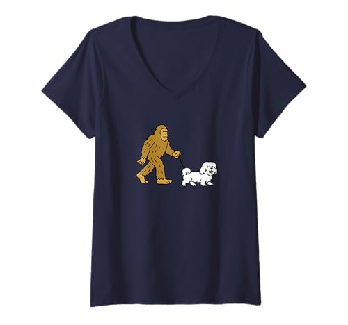 Damen Bigfoot Walking Lhasa Apso, Hund, Papa, Mama, Sasquatch T-Shirt mit V-Ausschnitt von Funny Bigfoot Graphic Apparel Men Women Kids by RJ
