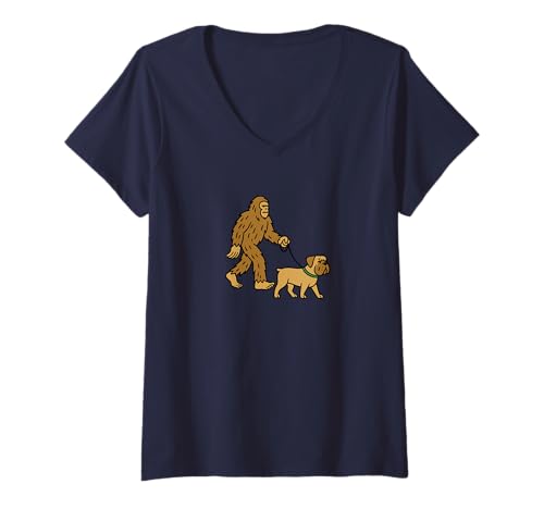 Damen Bigfoot Walking Mastiff Hund Dad Mom - Sasquatch T-Shirt mit V-Ausschnitt von Funny Bigfoot Graphic Apparel Men Women Kids by RJ