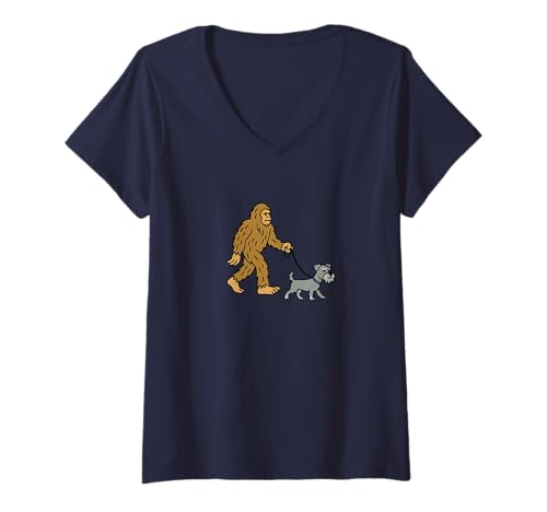 Damen Bigfoot Walking Miniatur Schnauzer Hund Dad Mom - Sasquatch T-Shirt mit V-Ausschnitt von Funny Bigfoot Graphic Apparel Men Women Kids by RJ