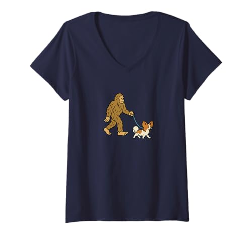 Damen Bigfoot Walking Papillon Dog Dad Mom – Sasquatch T-Shirt mit V-Ausschnitt von Funny Bigfoot Graphic Apparel Men Women Kids by RJ