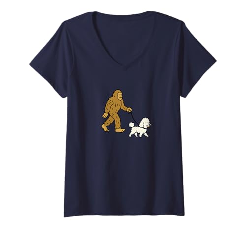 Damen Bigfoot Walking Pudel Hund Dad Mom – Sasquatch T-Shirt mit V-Ausschnitt von Funny Bigfoot Graphic Apparel Men Women Kids by RJ