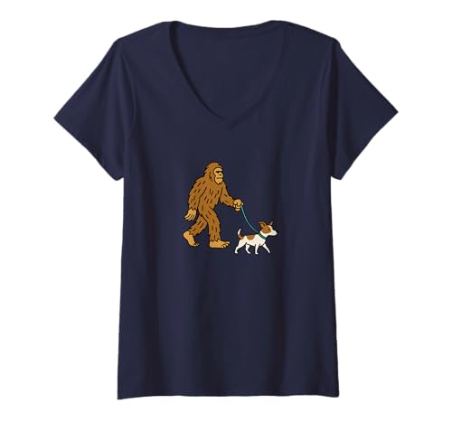 Damen Bigfoot Walking Rat Terrier Hund Dad Mom – Sasquatch T-Shirt mit V-Ausschnitt von Funny Bigfoot Graphic Apparel Men Women Kids by RJ