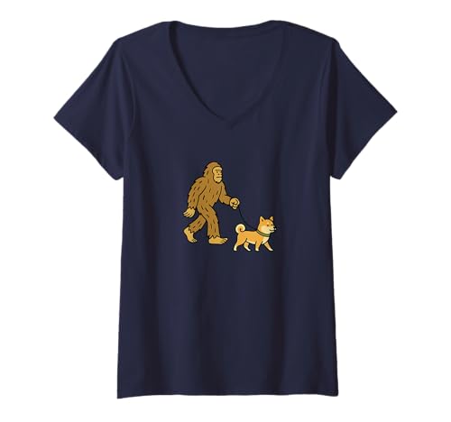 Damen Bigfoot Walking Shiba Inu Hund Papa Mama - Sasquatch T-Shirt mit V-Ausschnitt von Funny Bigfoot Graphic Apparel Men Women Kids by RJ