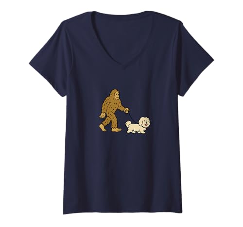 Damen Bigfoot Walking Shih Tzu Hund Dad Mom – Sasquatch T-Shirt mit V-Ausschnitt von Funny Bigfoot Graphic Apparel Men Women Kids by RJ