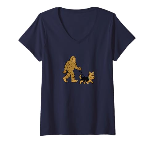 Damen Bigfoot Walking Yorkie Yorkshire Terrier Hundevater — Sasquatch T-Shirt mit V-Ausschnitt von Funny Bigfoot Graphic Apparel Men Women Kids by RJ