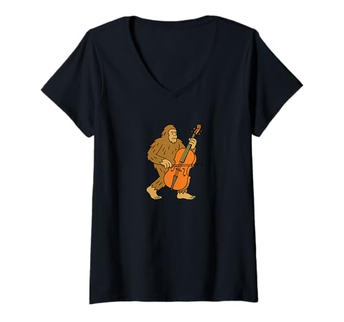 Damen Bigfoot spielt Cello Instrument Band Orchestra – Sasquatch T-Shirt mit V-Ausschnitt von Funny Bigfoot Graphic Apparel Men Women Kids by RJ