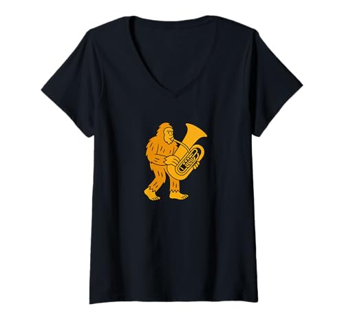 Damen Bigfoot spielt Euphonium Instrumentenband – Sasquatch T-Shirt mit V-Ausschnitt von Funny Bigfoot Graphic Apparel Men Women Kids by RJ