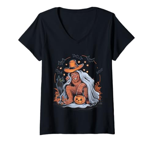 Damen Lustiges Bigfoot Halloween-Kostüm mit Süßigkeiteneimer Katze T-Shirt mit V-Ausschnitt von Funny Bigfoot Halloween Ghost tee