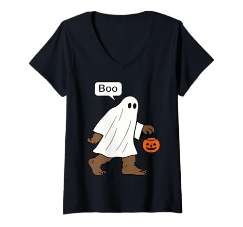 Damen Lustiger Bigfoot-Geist Gruseliges Halloween-Sasquatch-Retro T-Shirt mit V-Ausschnitt von Funny Bigfoot Halloween Trick-or-Treat Designs