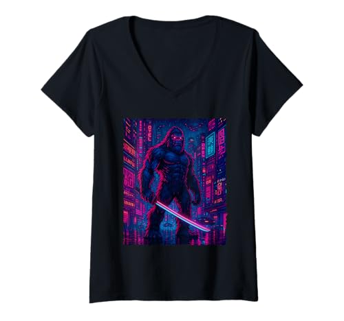 Damen Cyberpunk Bigfoot - Sasquatch Yeti Cryptids T-Shirt mit V-Ausschnitt Damen Cyberpunk Bigfoot - Sasquatch Yeti Cryptids T-Shirt mit V-Ausschnitt von Funny Bigfoot Merch