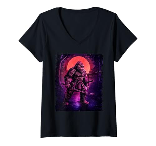 Damen Samurai Bigfoot - Sasquatch Yeti Cryptids T-Shirt mit V-Ausschnitt Damen Samurai Bigfoot - Sasquatch Yeti Cryptids T-Shirt mit V-Ausschnitt von Funny Bigfoot Merch