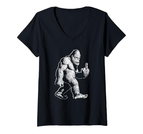 Damen Bigfoot Sasquatch Mittelfinger Retro Funny Attitude Grafik T-Shirt mit V-Ausschnitt Damen Bigfoot Sasquatch Mittelfinger Retro Funny Attitude Grafik T-Shirt mit V-Ausschnitt von Funny Bigfoot Sasquatch Humor Co.