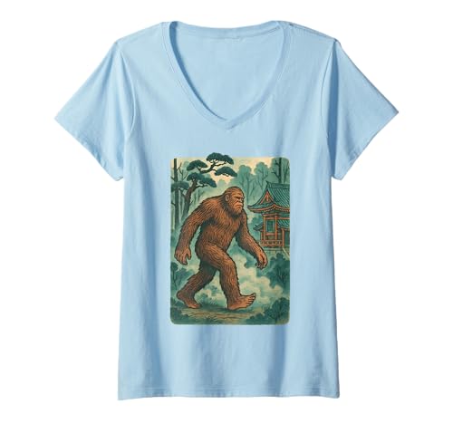 Damen Bigfoot Forest Cryptid Japanischer Tempel Retro Sasquatch Art T-Shirt mit V-Ausschnitt Damen Bigfoot Forest Cryptid Japanischer Tempel Retro Sasquatch Art T-Shirt mit V-Ausschnitt von Funny Bigfoot Sasquatch Tshirt for Men Women Kids