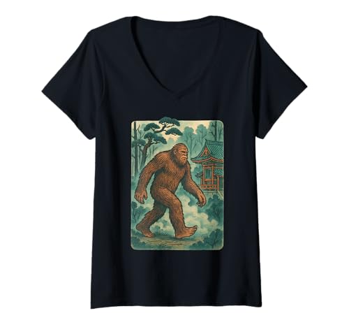 Damen Bigfoot Forest Cryptid Japanischer Tempel Retro Sasquatch Art T-Shirt mit V-Ausschnitt Damen Bigfoot Forest Cryptid Japanischer Tempel Retro Sasquatch Art T-Shirt mit V-Ausschnitt von Funny Bigfoot Sasquatch Tshirt for Men Women Kids