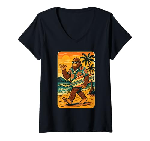 Damen Funny Bigfoot Aloha Hawaiian Surfen Tropical Beach Surfer T-Shirt mit V-Ausschnitt Damen Funny Bigfoot Aloha Hawaiian Surfen Tropical Beach Surfer T-Shirt mit V-Ausschnitt von Funny Bigfoot Sasquatch Tshirt for Men Women Kids