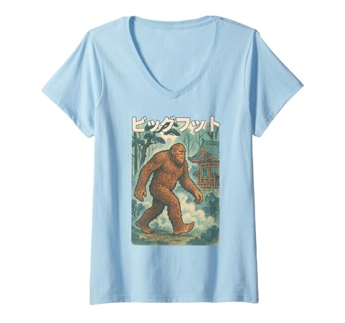 Damen Retro Japanische Bigfoot Sasquatch Vintage Mythische Kreatur T-Shirt mit V-Ausschnitt Damen Retro Japanische Bigfoot Sasquatch Vintage Mythische Kreatur T-Shirt mit V-Ausschnitt von Funny Bigfoot Sasquatch Tshirt for Men Women Kids