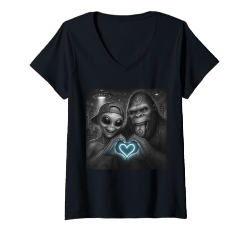 Damen Bigfoot Sasquatch Alien Love Hand Sign T-Shirt mit V-Ausschnitt Damen Bigfoot Sasquatch Alien Love Hand Sign T-Shirt mit V-Ausschnitt von Funny Bigfoot and Alien Friendship Design