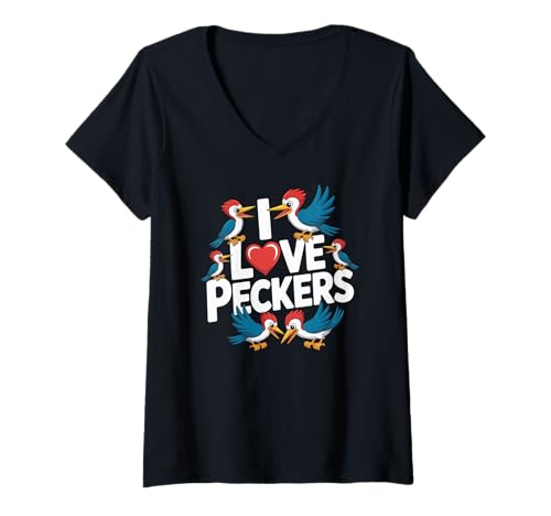 Damen I Love Peckers Lustige Spechtvögel T-Shirt mit V-Ausschnitt Damen I Love Peckers Lustige Spechtvögel T-Shirt mit V-Ausschnitt von Funny Bird Lovers Quirky Humor Woodpecker