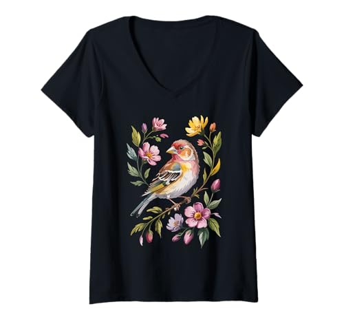 Damen Niedliche Vogel-Grafik für Vogelbeobachtung Finken mit Blumen Natur T-Shirt mit V-Ausschnitt Damen Niedliche Vogel-Grafik für Vogelbeobachtung Finken mit Blumen Natur T-Shirt mit V-Ausschnitt von Funny Bird enthusiast Graphic